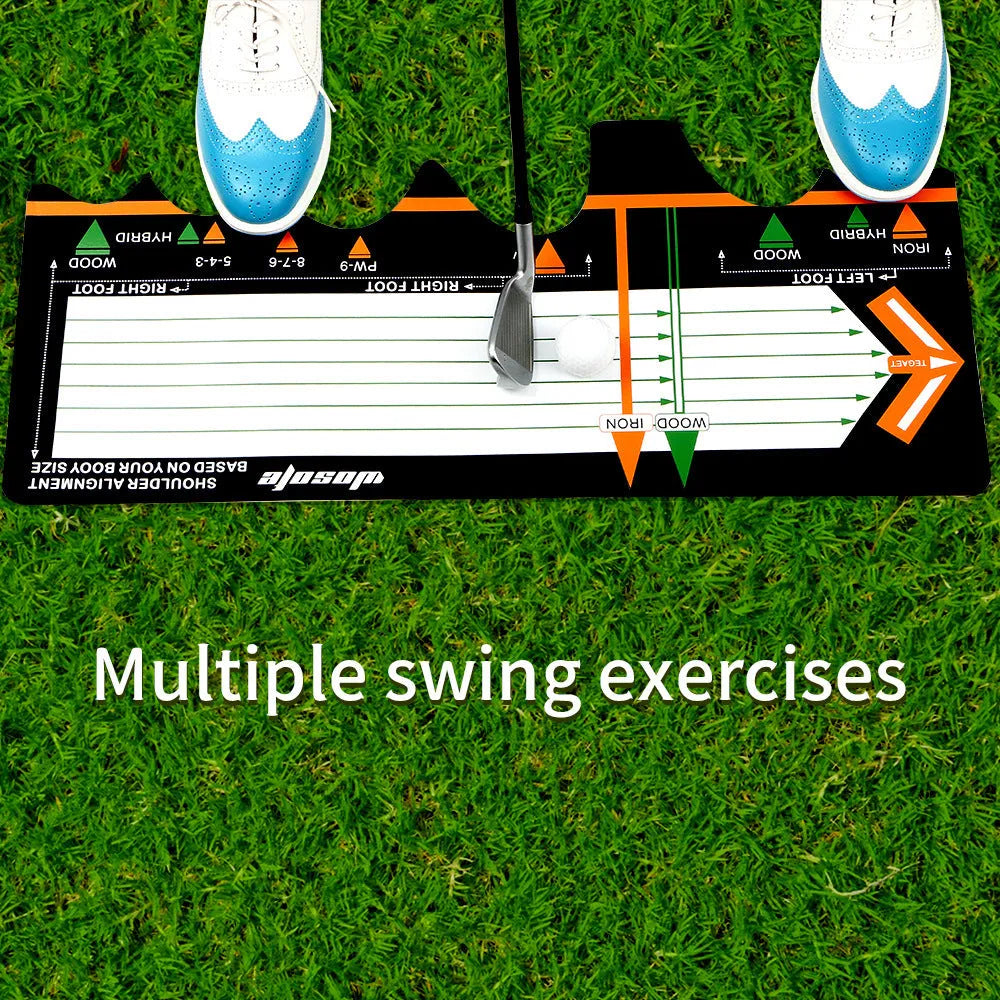 Black neoprene golf swing stance practice pad with alignment markers for posture correction.