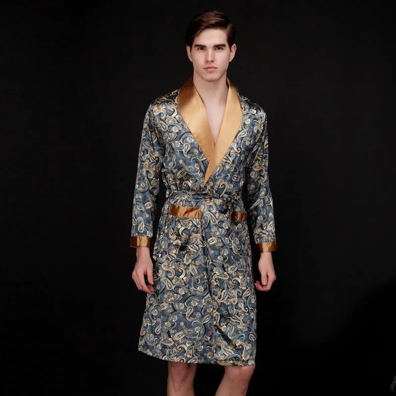 Men's long ice silk nightgown in coffee or navy blue, ultra-thin polyester summer sleepwear