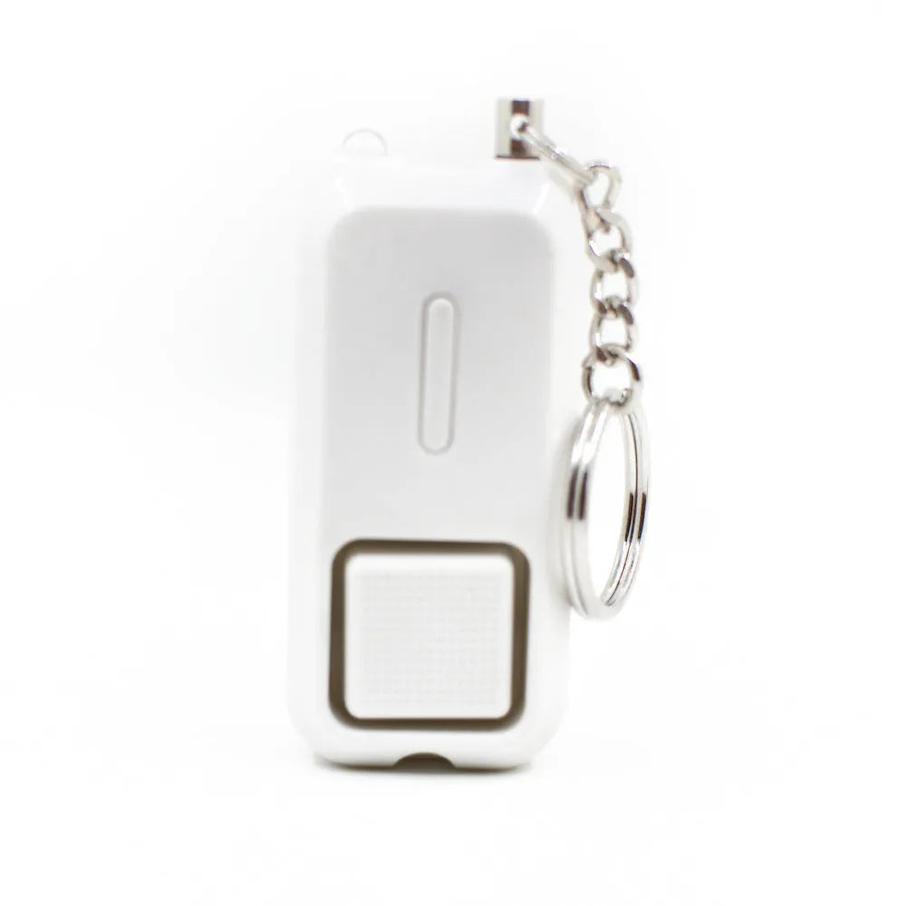 Small pink personal safety alarm with keyring, shown next to its white packaging box.