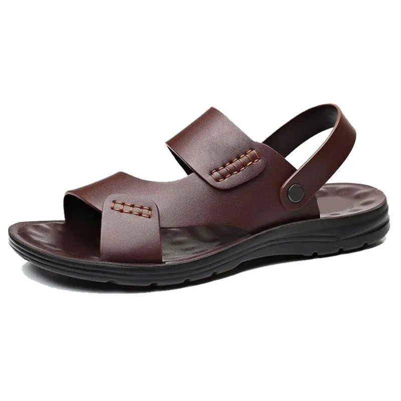 Men's brown and black waterproof plastic casual sandals for beach wear, shown in sizes 39 to 45.