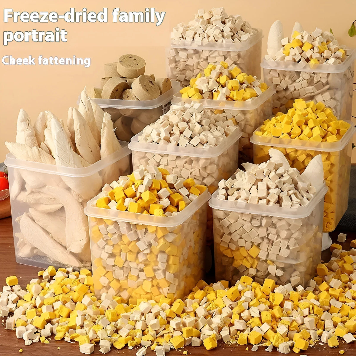 500g freeze-dried pet snack barrel for cats and dogs with chicken breast, egg yolk, chicken liver and duck liver flavours