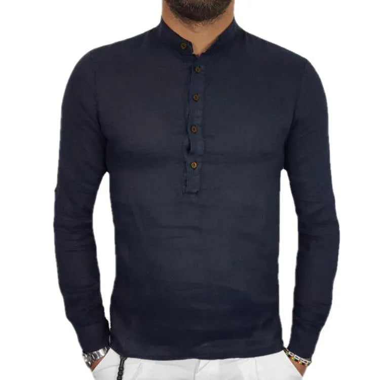 Men's loose fit long sleeve hemp cotton blend casual t-shirt in black and beige front view