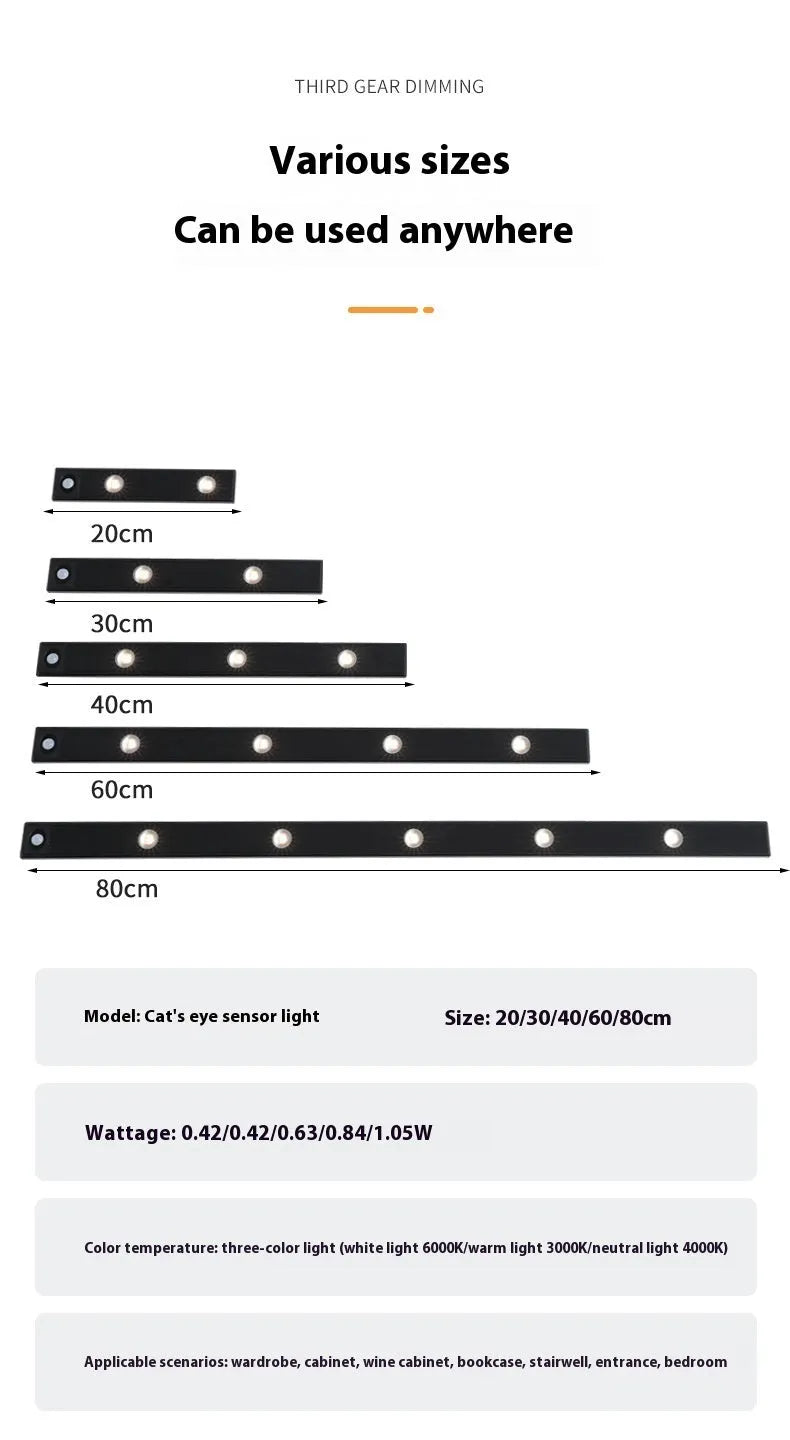 Black geometric cat's eye infrared sensor lamp with three colour light on a cabinet shelf