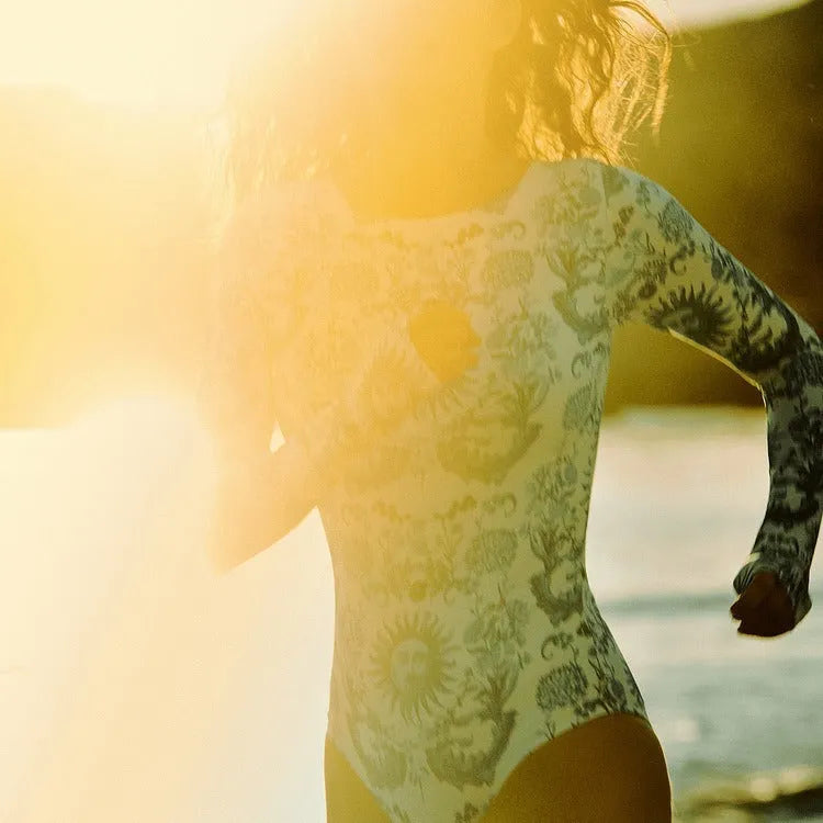 Floral long sleeve one-piece swimsuit for women, polyester surfing suit with skirt option, sizes S to XL