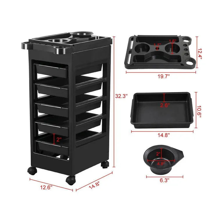 Black plastic six-layer hair salon tool trolley for barbers and hairdressers with multi-purpose storage