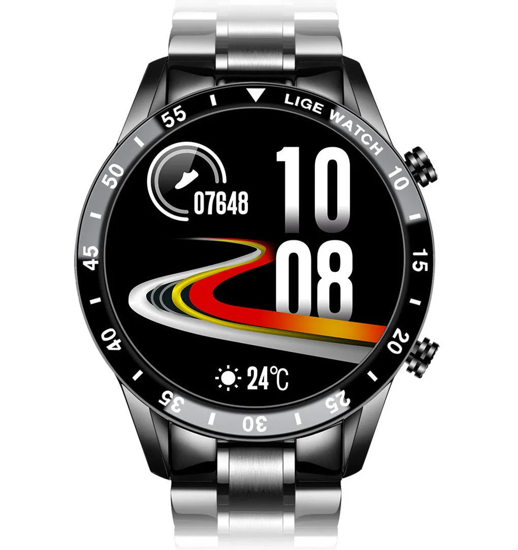 Smart watch with stainless steel wristband showing 1.3 inch screen, available in black or silver colour