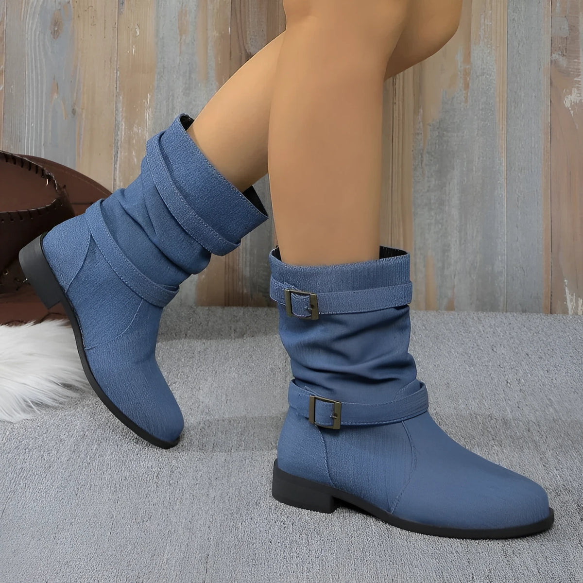 Women's denim leather boots with square heel, round toe, mid heel 3-5cm, high cylinder, artificial PU upper, rubber sole