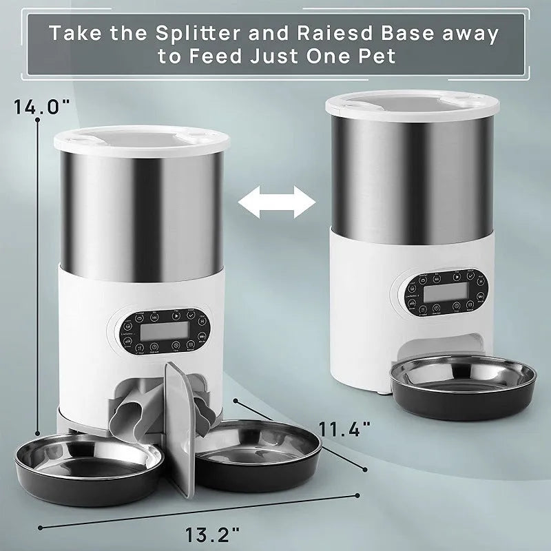 Automatic pet feeder with stainless steel bowl, 3L or 4.5L capacity, button or WiFi control and double meal option