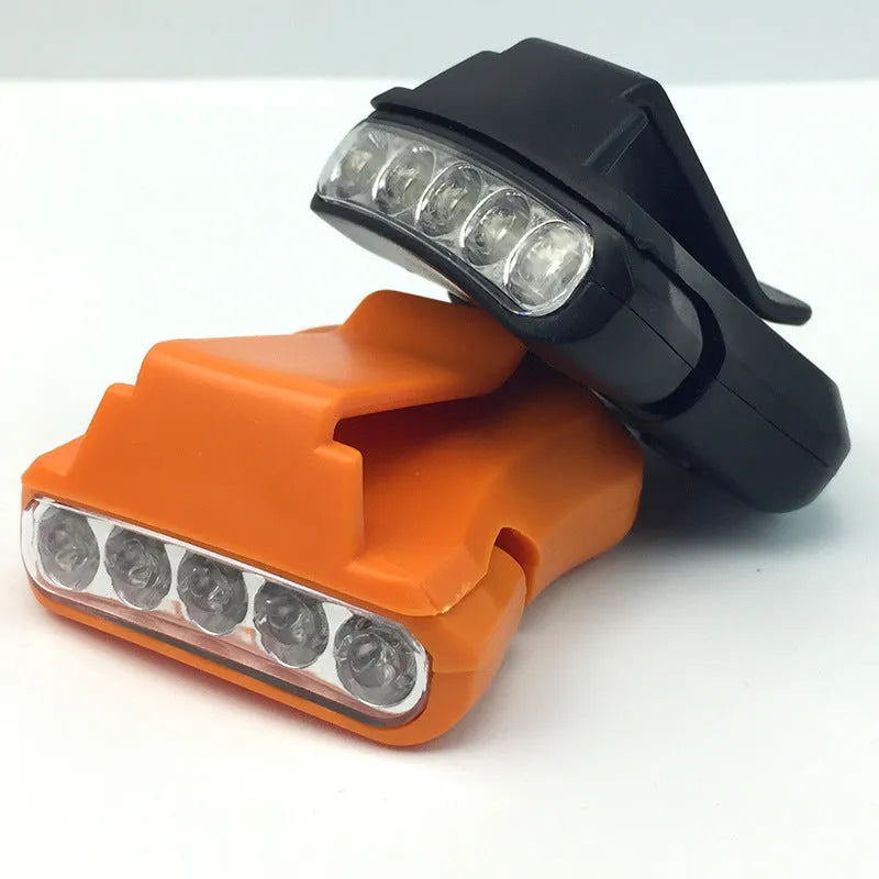 ABS plastic cap lamp with 5LED brim clip in black, 5x4.5cm, used for outdoor camping and hiking