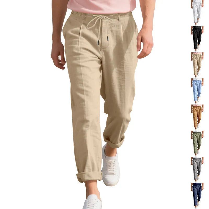 Men's linen casual pants in straight-leg style with drawstring waist in various colours