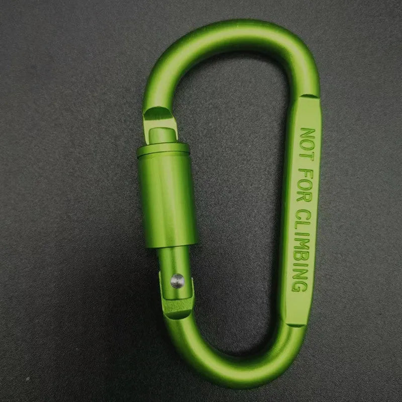 Aluminium D-shaped carabiner with lock shown in multiple colour options including black, silver, red, and blue.