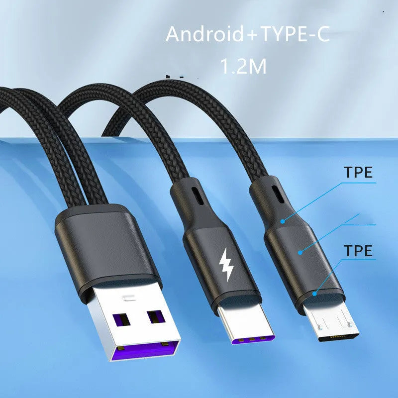 Black and red braided nylon charging cable with two Android-style connectors for simultaneous device charging.