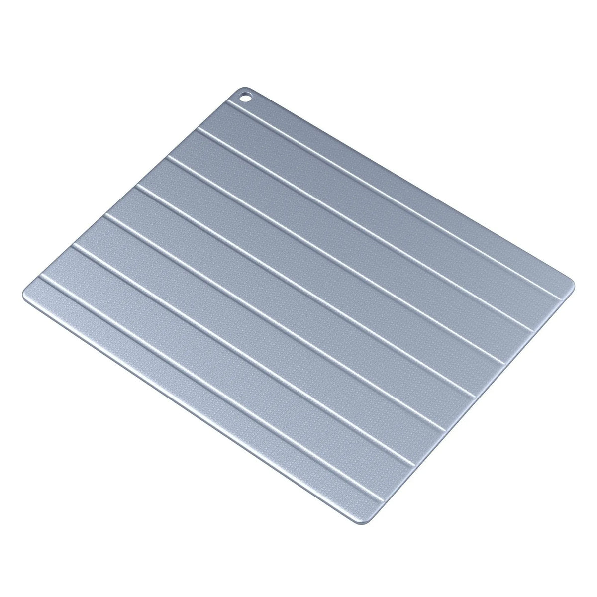 Aluminium household quick defrosting plate device with separate board and USB cable on a kitchen counter.