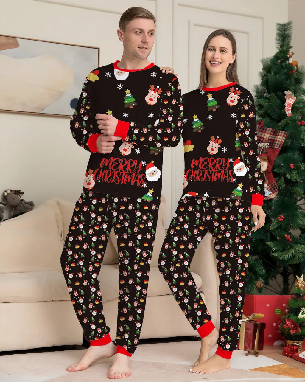 Family matching Christmas pyjamas set in soft cotton with plaid print for adults, children and dog