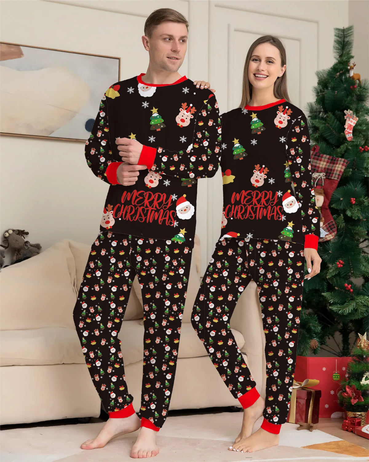 Family matching Christmas pyjamas set in soft cotton with plaid print for adults, children and dog