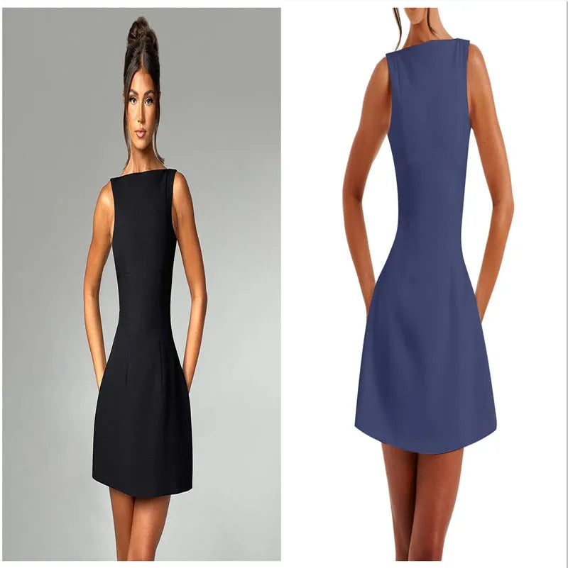 Slim-fitting black backless summer dress with sling-style straps and a high waist.