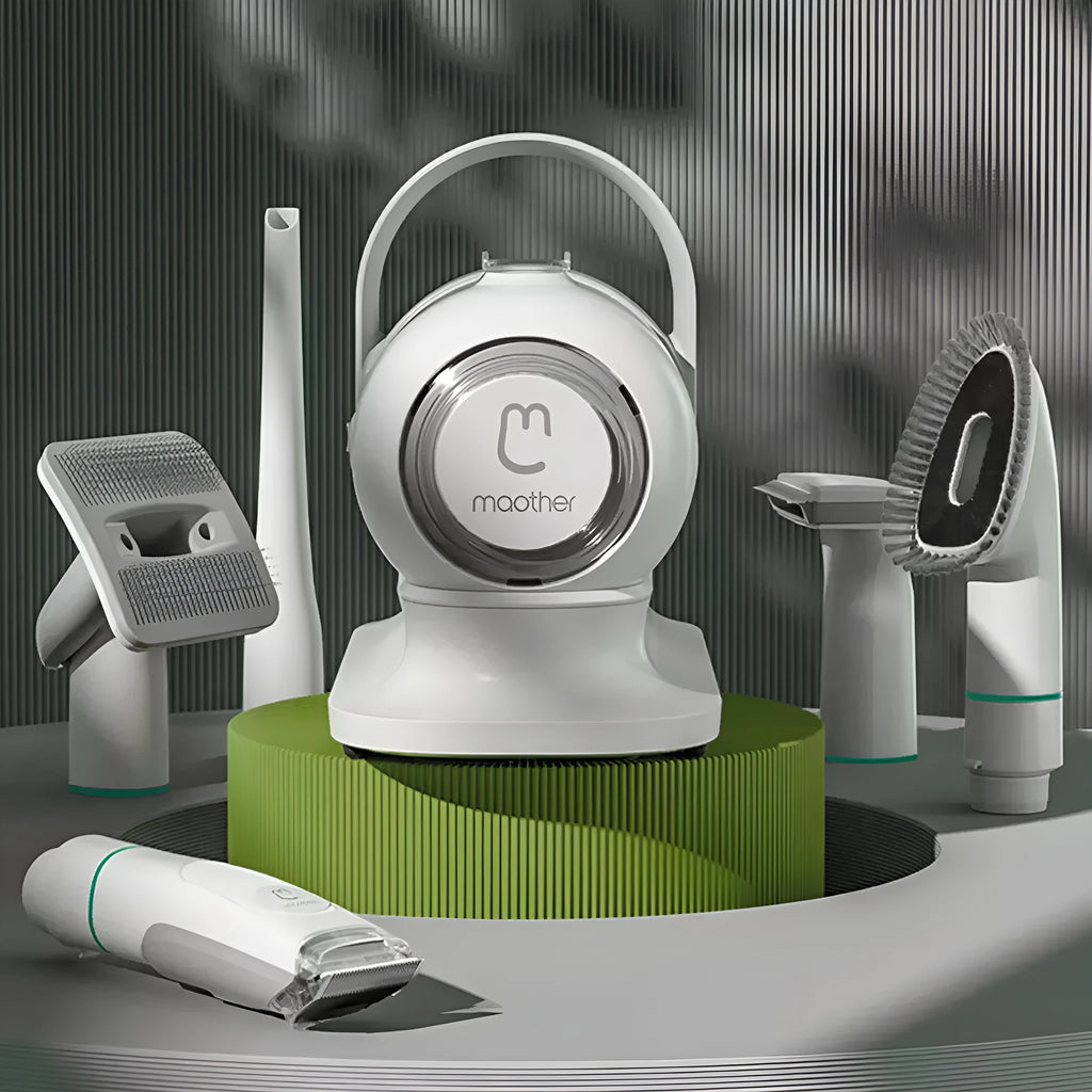 White pet grooming clippers set with electric scissors and five grooming attachments on table