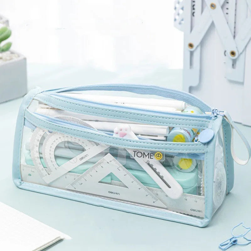 Clear double-layer pencil case showing two compartments, in beige colour tint with dimensions 220x110x80mm.