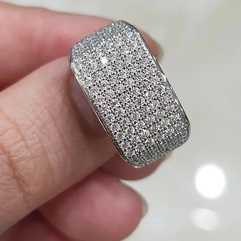 Micro-inlaid starry copper ring white gold colour with round zircon geometric unisex design