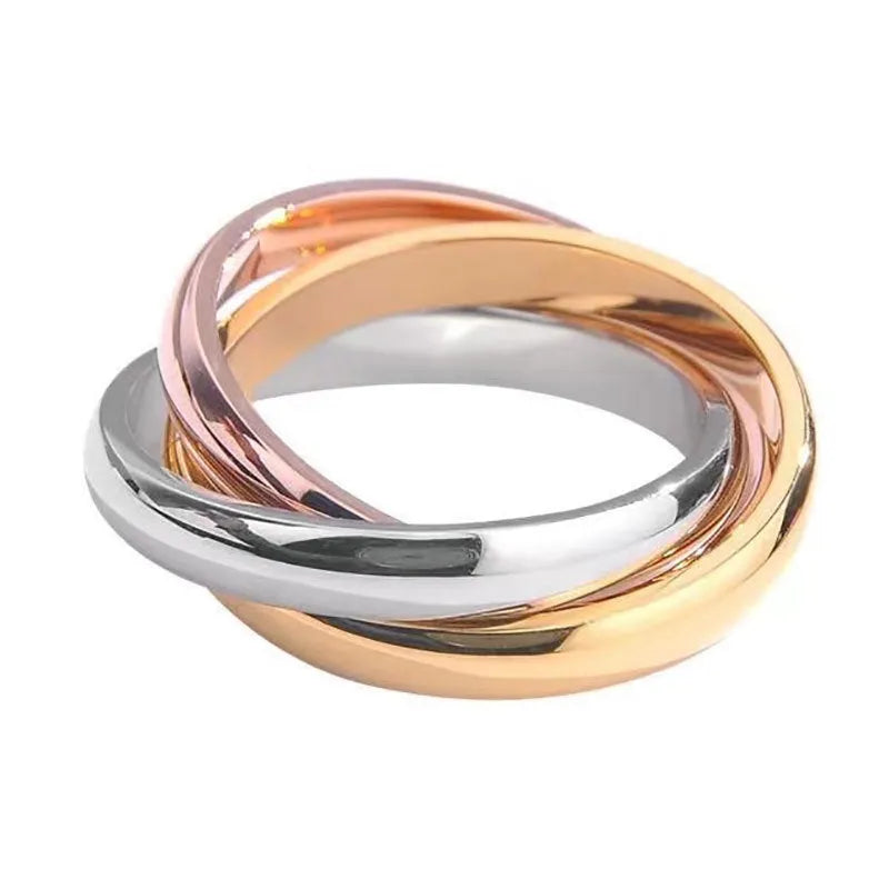 Stainless steel tricolour three-ring in gold, rose gold and silver, plain circle unisex design, sizes 5 to 10