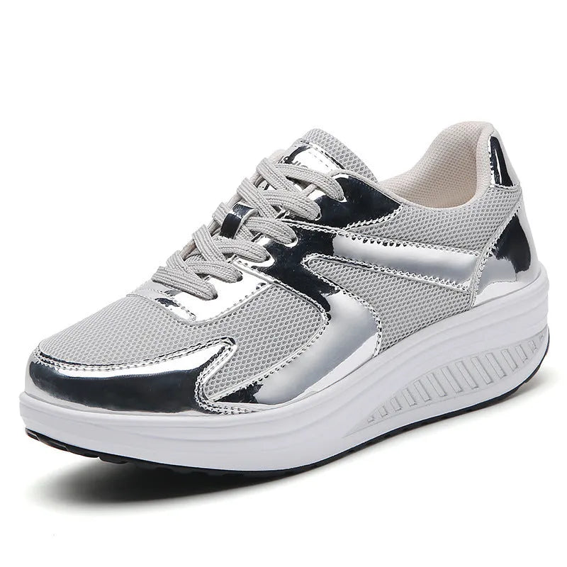 Women's gold mesh sports shoes with cross strap and waterproof platform sole