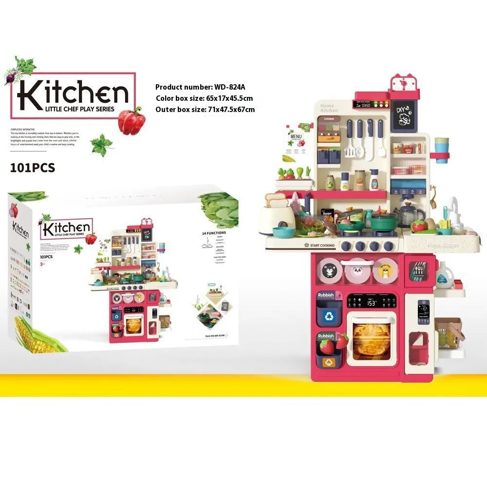 Children's plastic water spray kitchen slicer toy set in red, green, pink, or Morandi gray with egg steamer option