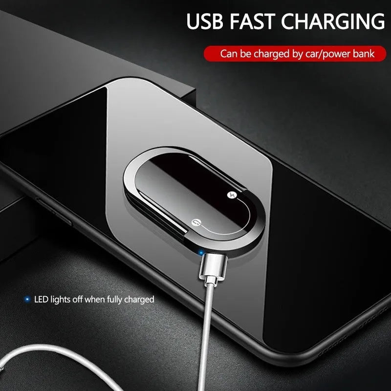 2 in 1 USB plasma lighter and phone holder in aluminium alloy, black ice, with ring buckle and 3M tape