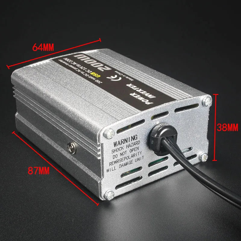 Silver 200W car inverter with USB port, 12V plug, and die-cast aluminium casing