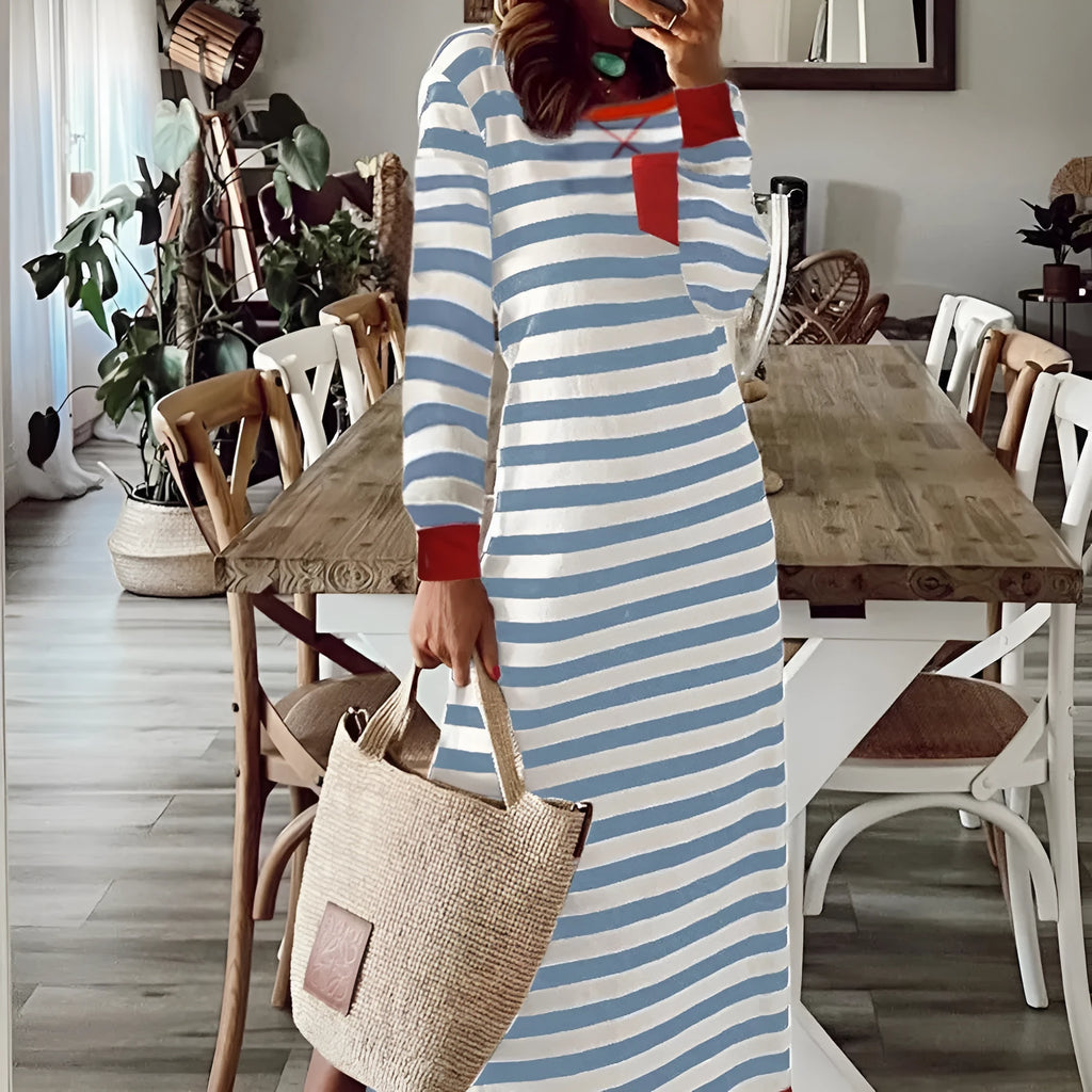 Striped printed long sleeve dress with contrast edge, shown in Rose Stripe and Sky Blue Stripe, sizes S to XL