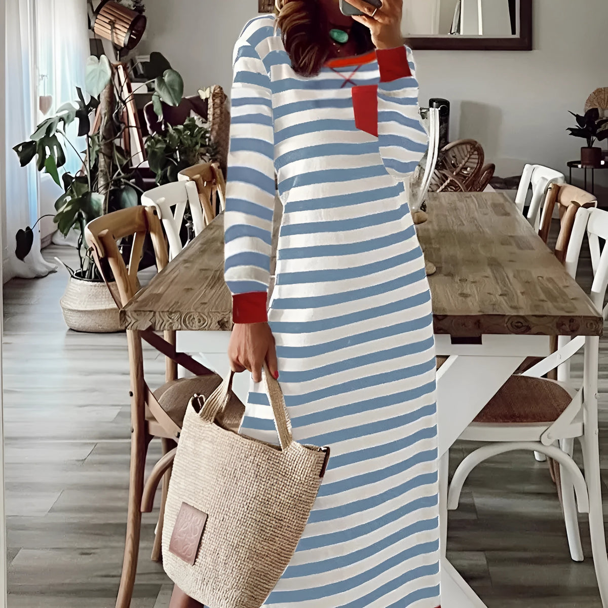 Striped printed long sleeve dress with contrast edge, shown in Rose Stripe and Sky Blue Stripe, sizes S to XL