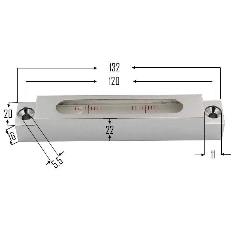 Metal and glass mini strip spirit level measuring 132mm long with accuracy markings.