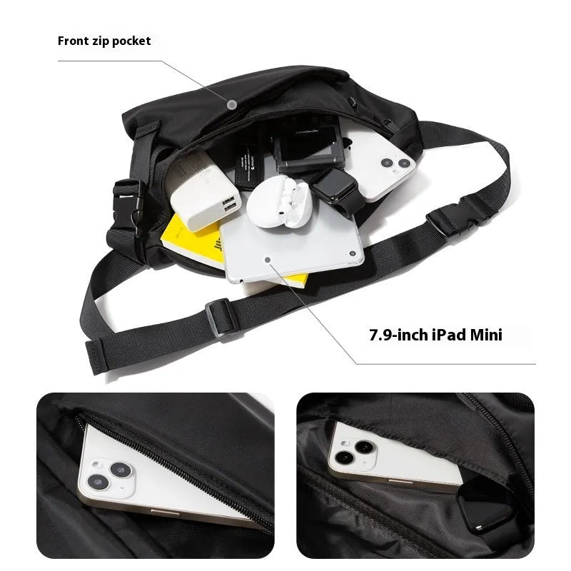 Black men's Japanese leisure slanted chest bag with visible sewing lines on Oxford fabric