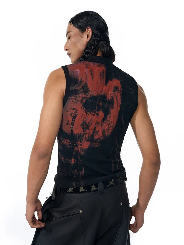 Black slim-fit sleeveless T-shirt with half turtleneck collar and character print design