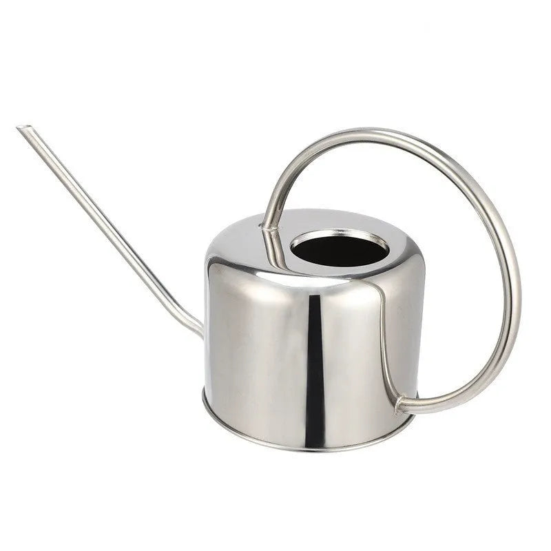 Stainless steel watering can with long spout, 2 litre capacity, shown in garden setting