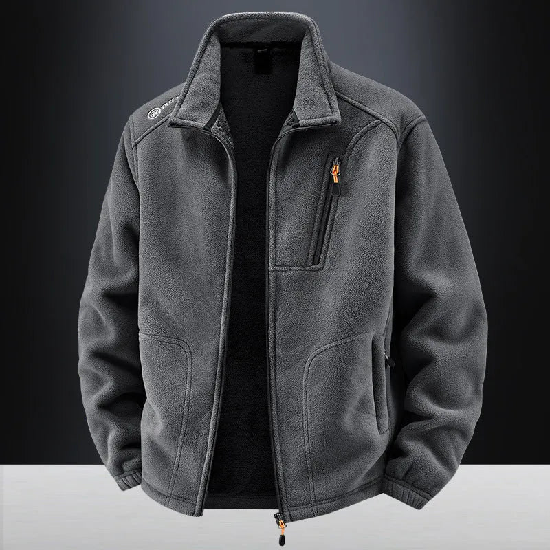 Men's warm padded jacket with polar fleece lining, loose casual cardigan style, available in six colours.