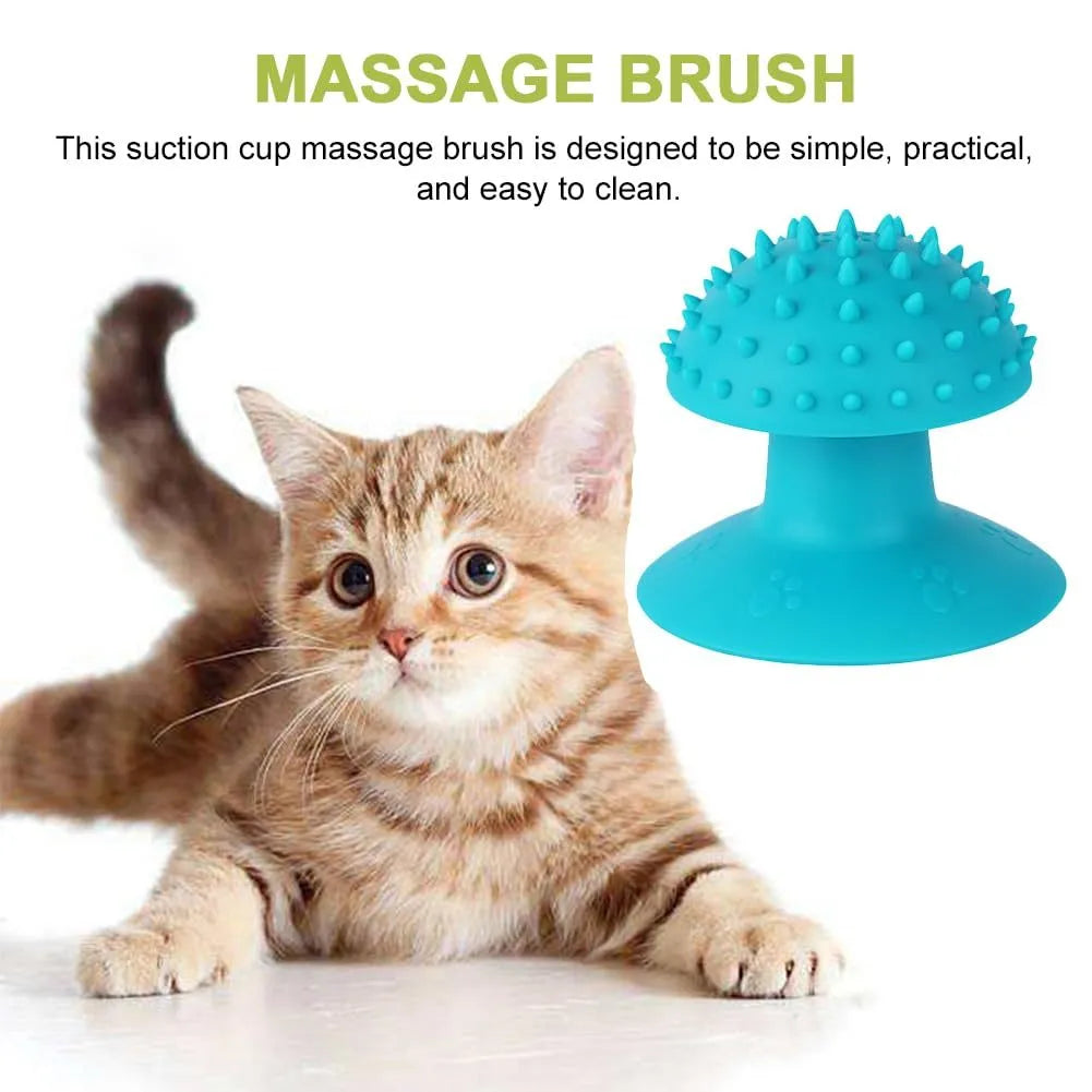 Wall-mounted cat self groomer in blue with brush head and catnip compartment for loose fur removal