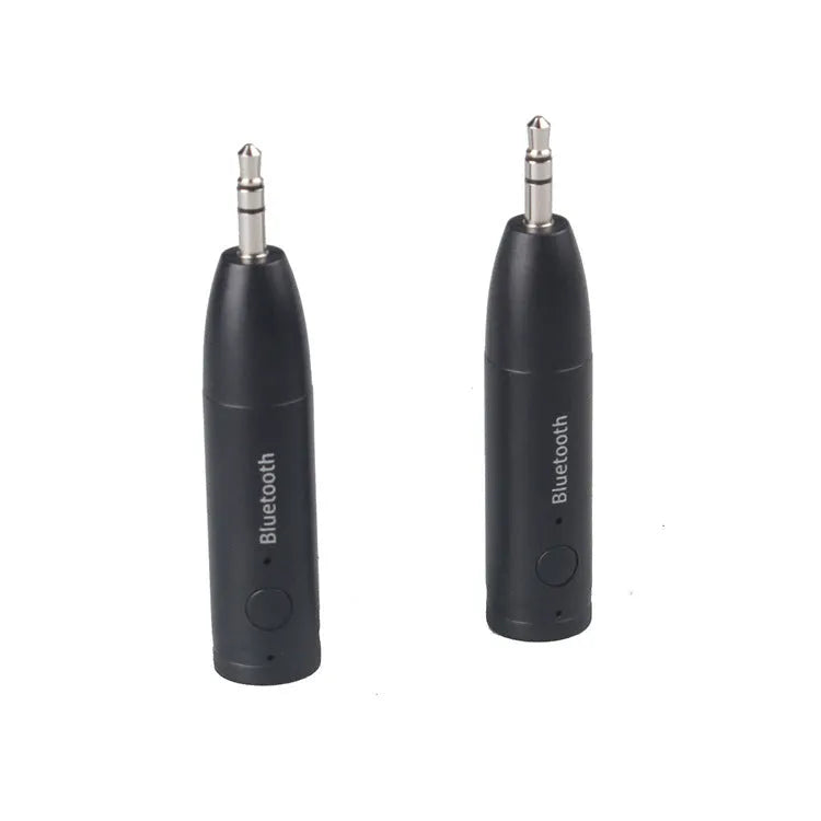 Black Bluetooth audio receiver for car stereo with AUX connection and USB power cable