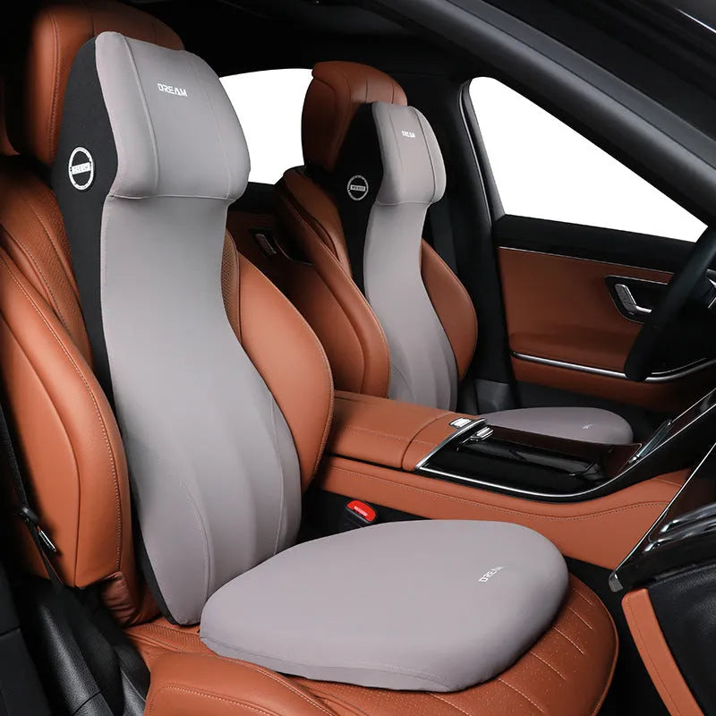 Automotive memory foam cushion and headrest lumbar support set in multiple colours