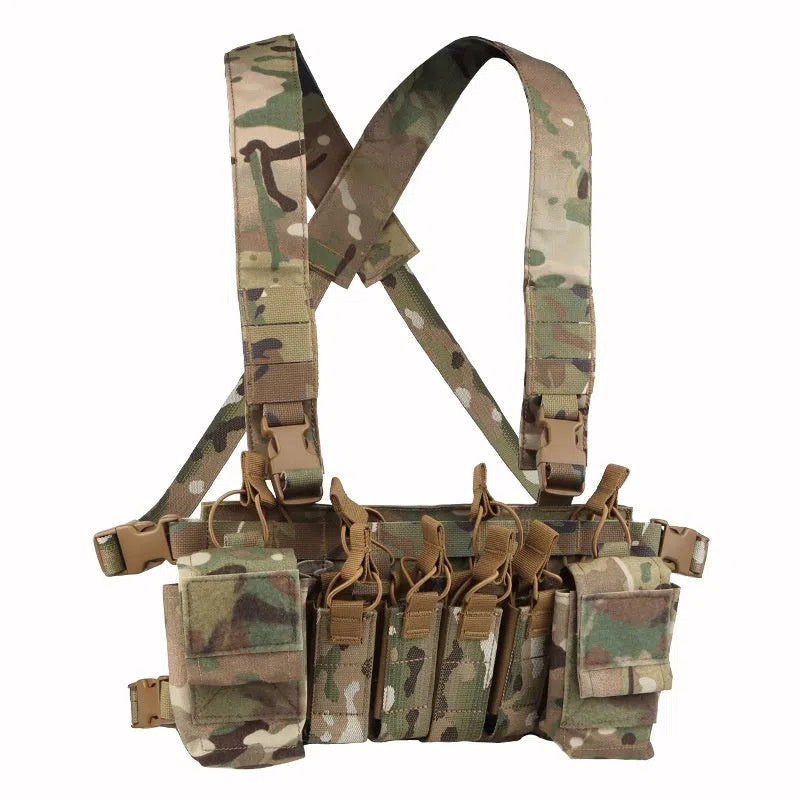Camouflage nylon chest harness with accessory pouch in CP and Black CP, one size fits all