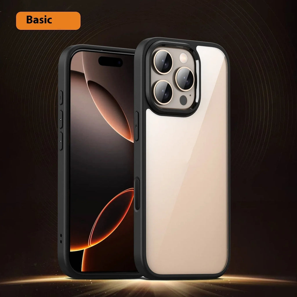 Transparent black magnetic shockproof phone case for iPhone 16 with visible airbag corners.