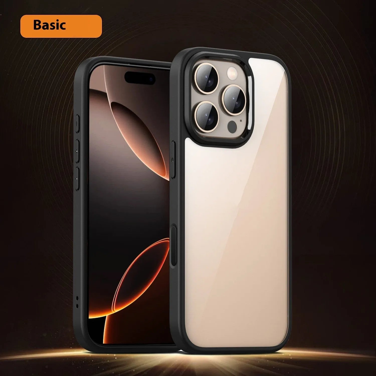 Transparent black magnetic shockproof phone case for iPhone 16 with visible airbag corners.