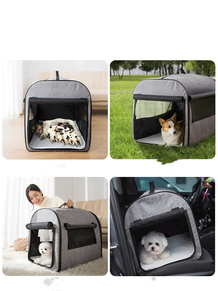Hippie Dog portable dog carrier in grey with breathable mesh side and roll-up sunshade on top