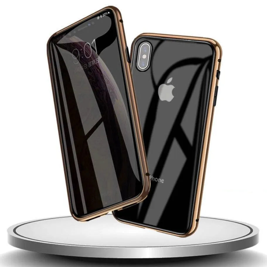 Geometric patterned glass clamshell case for iPhone in multiple colour options on a dark surface.