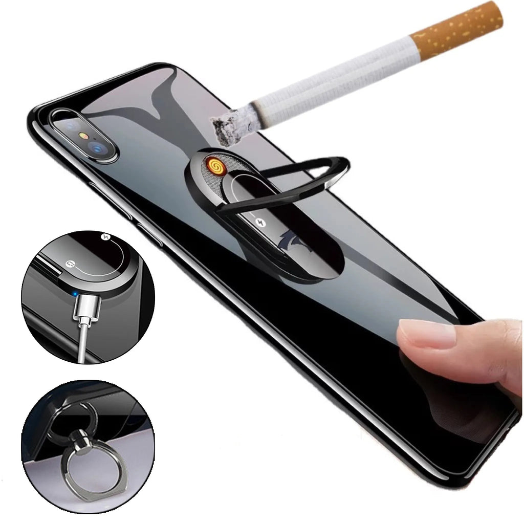 2 in 1 USB plasma lighter and phone holder in aluminium alloy, black ice, with ring buckle and 3M tape