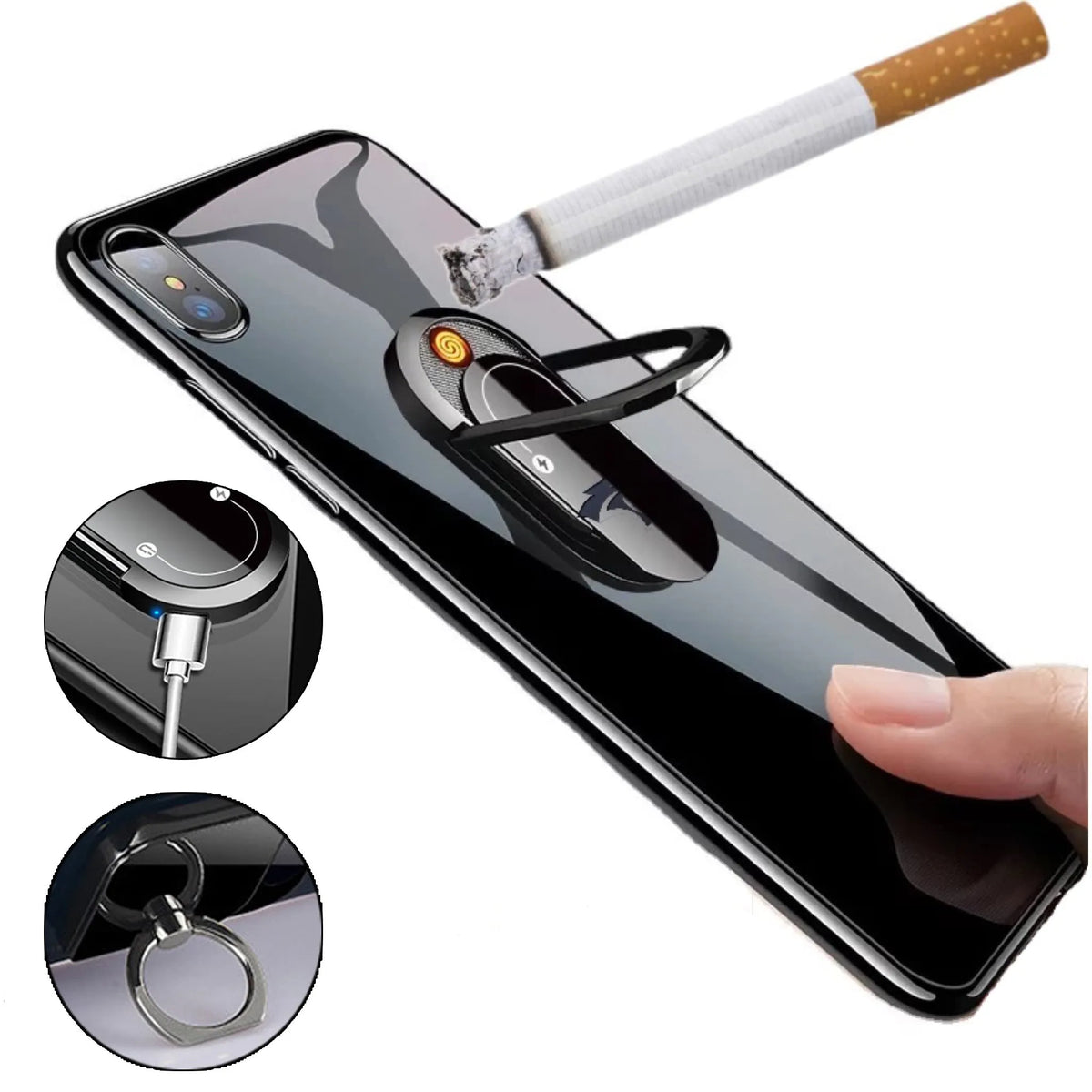 2 in 1 USB plasma lighter and phone holder in aluminium alloy, black ice, with ring buckle and 3M tape