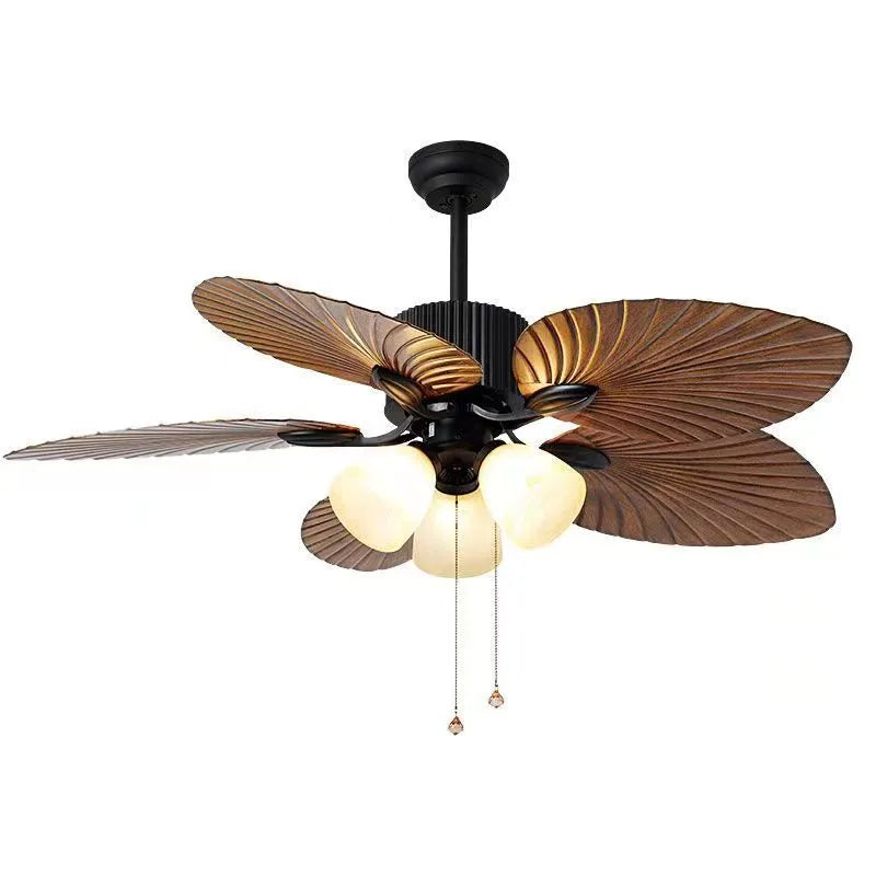 52-inch retro ceiling fan light with wooden blades and five-light copper lampshade