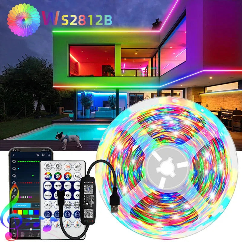 Magic colour 30m LED light strip with 5050 WS2812b beads, Bluetooth 28-key remote, for TV background and venue lighting