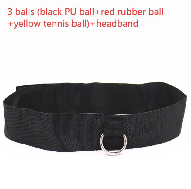 Head-mounted boxing reaction training ball set with adjustable headbands and multiple coloured balls on a white background.