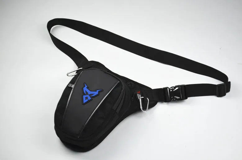 0105MC motorcycle leg bag in 1200D Oxford cloth shown in red, blue, green, and grey colour options