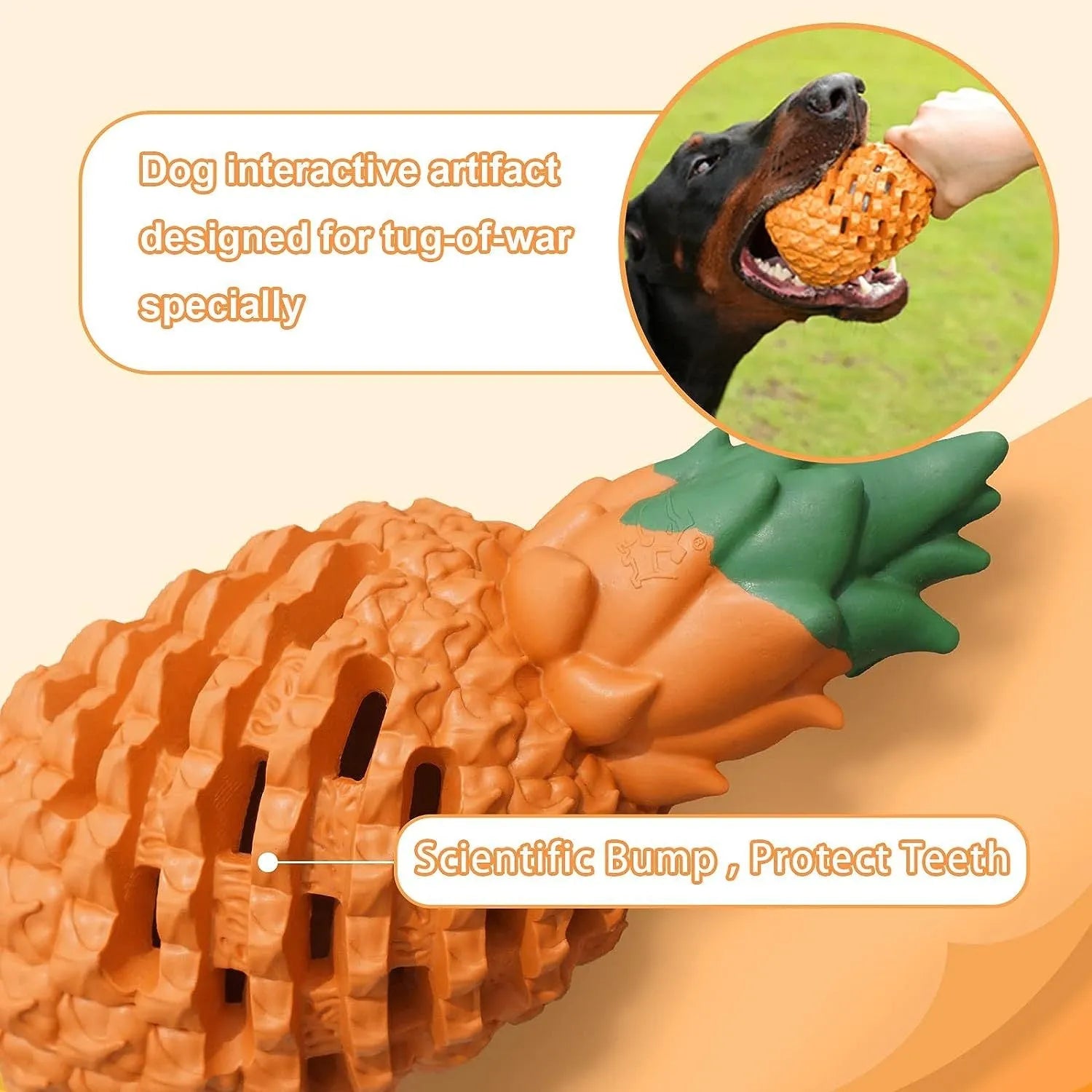 Pineapple-shaped natural rubber dog chew toy for aggressive chewers, available in multiple sizes